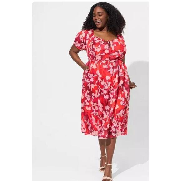 torrid Dresses & Skirts - Torrid Dress Women's Size 0X Vibrant Color Midi Cotton Clip Dot Lace Up Smocked